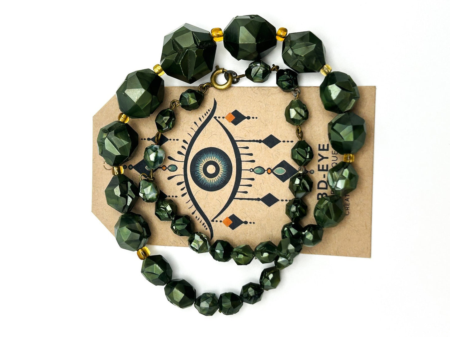 Vintage Modernist 50s-60s Moulded Green Faceted Beaded Necklace
