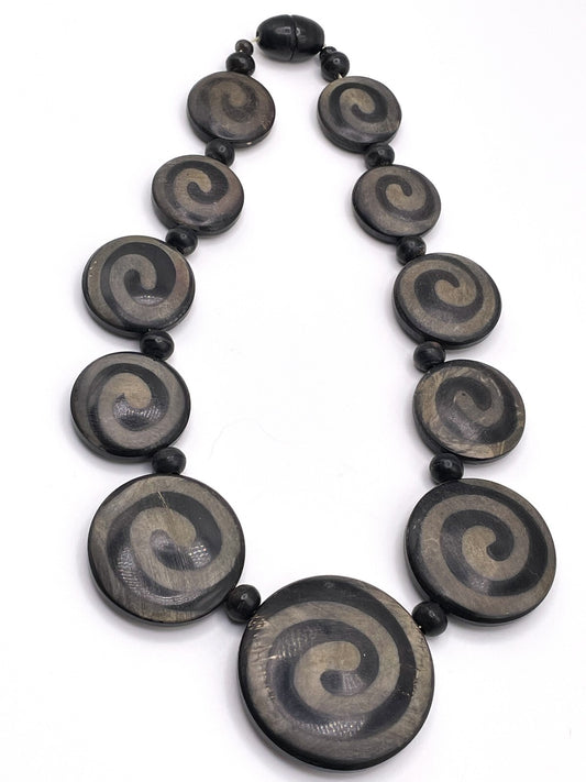 Swirled Black Wooden Disc Necklace - Boho Bohemian Circular Wood Chunky