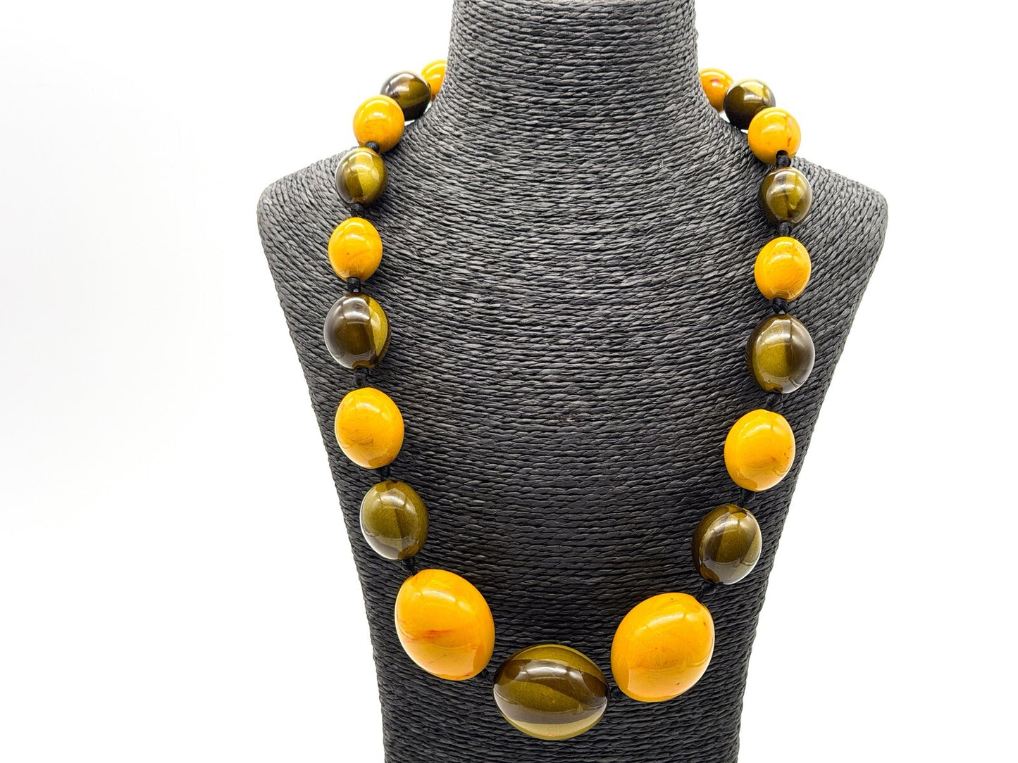 Chunky Statement Necklace Olive Green Mustard Acrylic Beads Graduated 25”