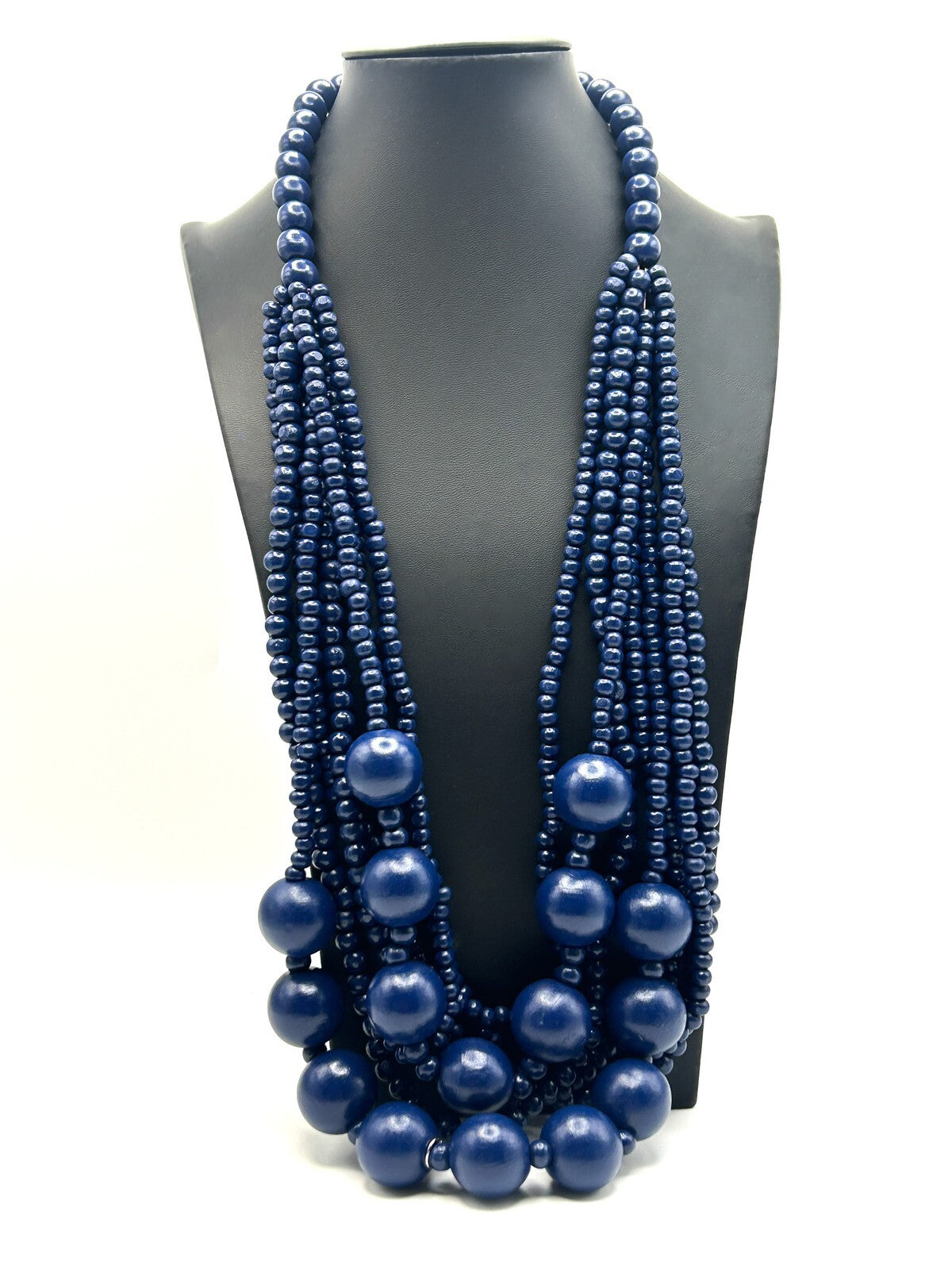 7-Strand Navy Blue Wood Beaded Bib Necklace – 16”