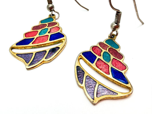 Vintage Cloisonné Enamel Shell Earrings Colourful Gold Tone Retro Multicolour