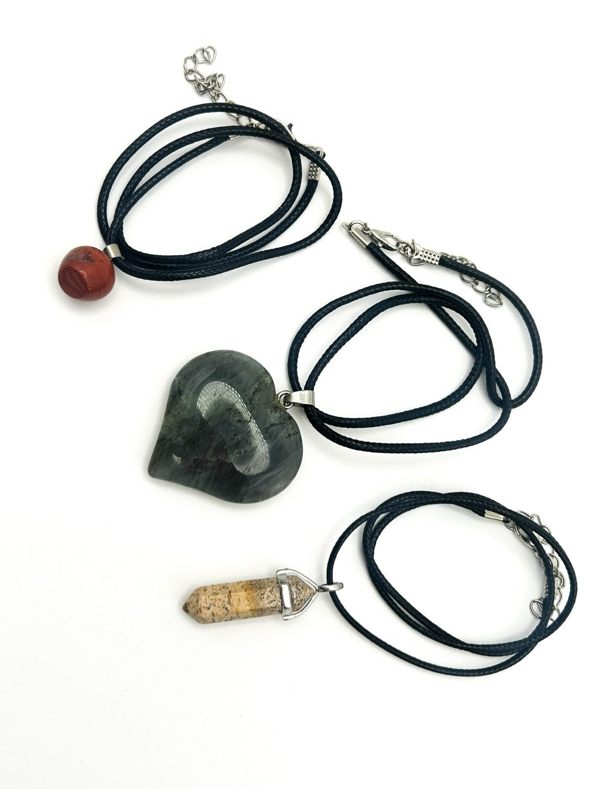 Gemstone Pendant Cord Necklace Bundle – Labradorite Heart, Picture Jasper Point