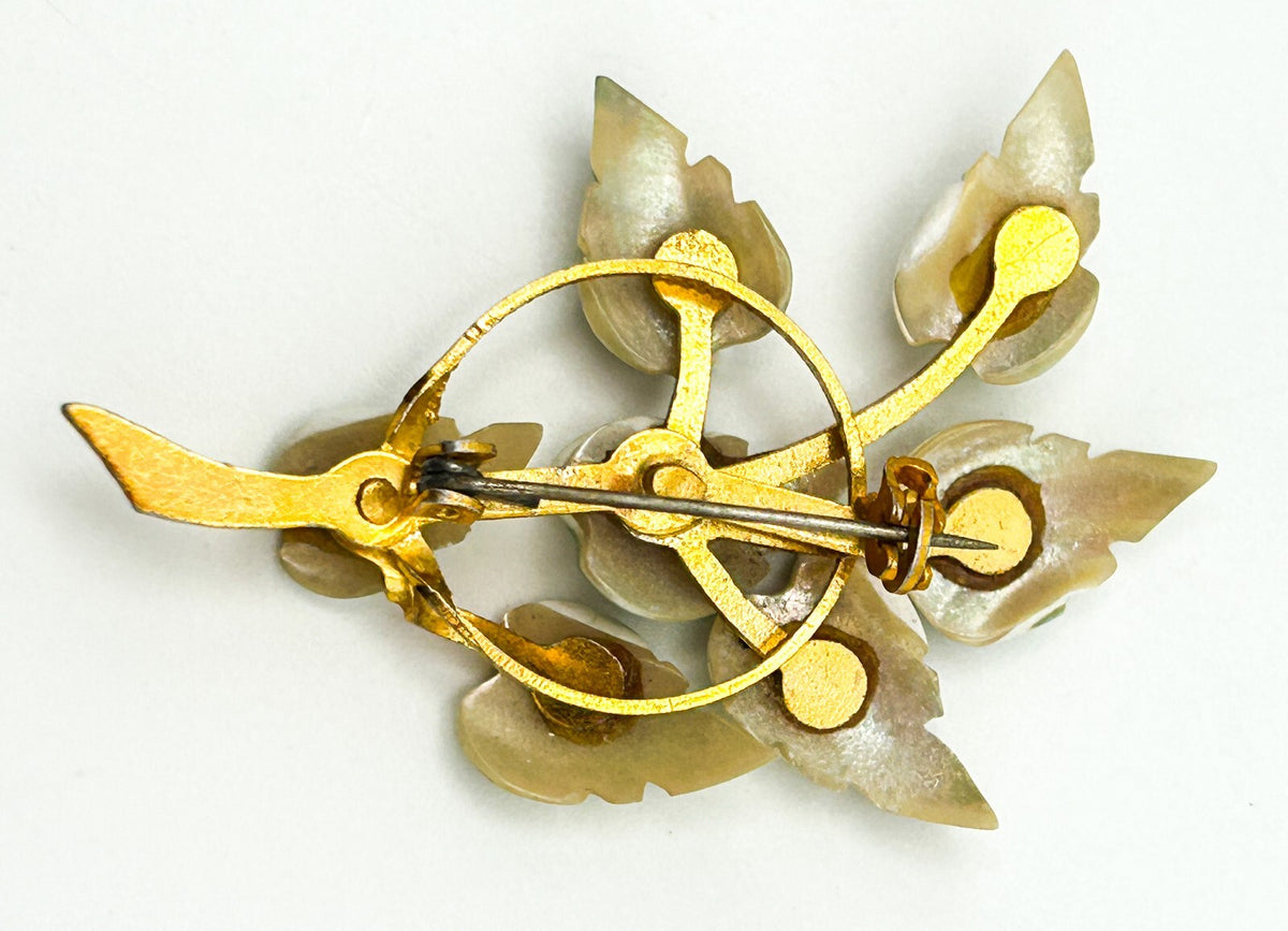 Vintage Shell Leaf Brooch Carved Green Gold Tone Floral Pin