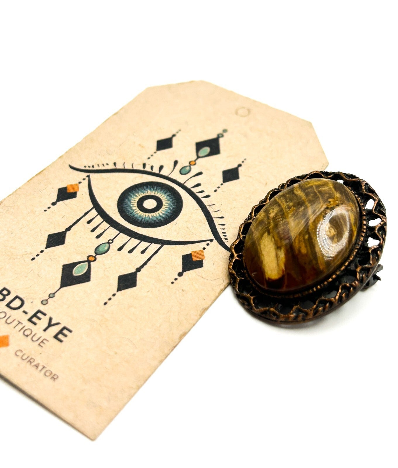 Vintage Picture Jasper Brooch Pendant Copper Tone Oval Cabochon Pin