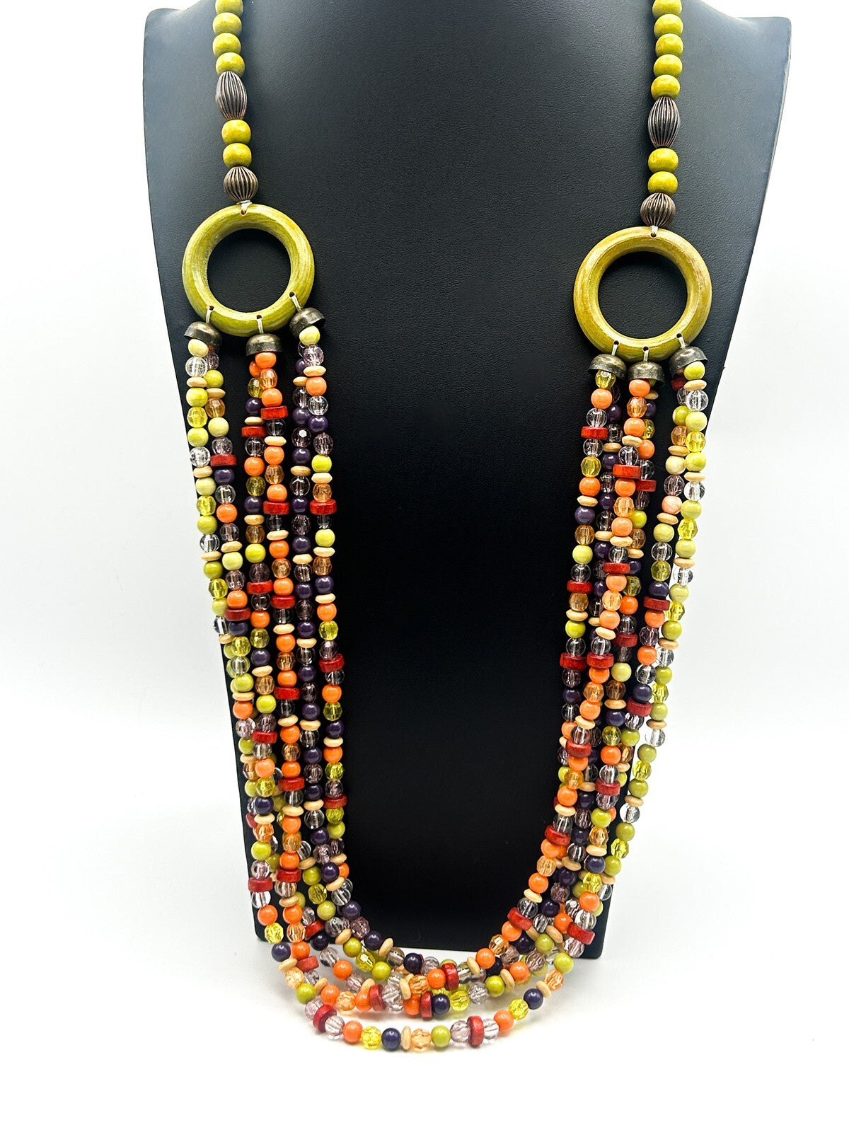 Vintage Multi-Strand Beaded Necklace with Green Hoop Connectors