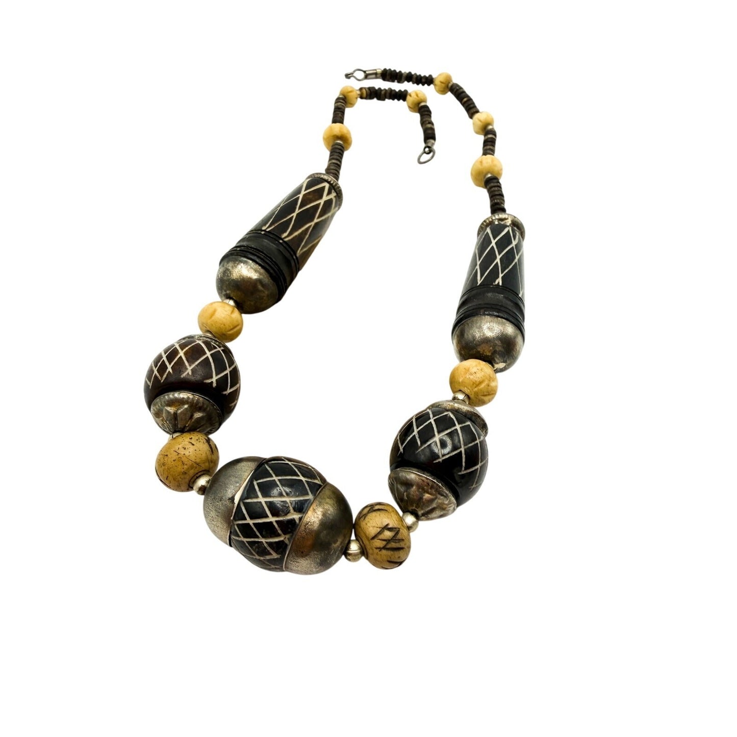 Vintage Carved Necklace Boho Organic Material Tribal Silver Bead Caps