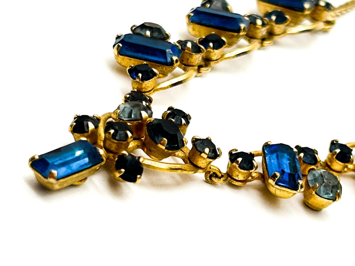 Vintage Blue Rhinestone Necklace Gold Tone Baguette Crystal Statement 1930s-50s