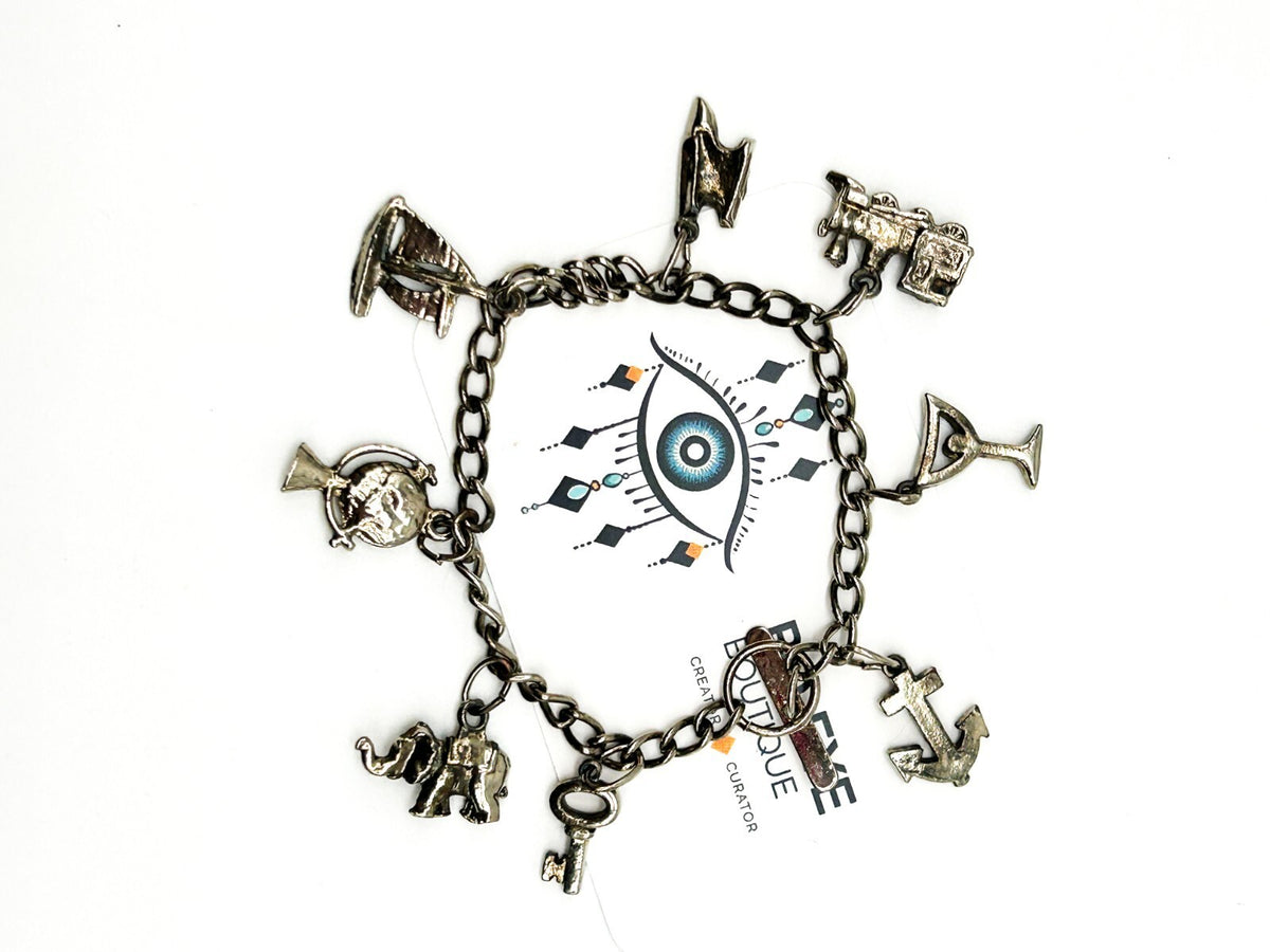 Travel Charm Bracelet Silver Tone Souvenir Holiday Theme 7” Boat Train Globe Key