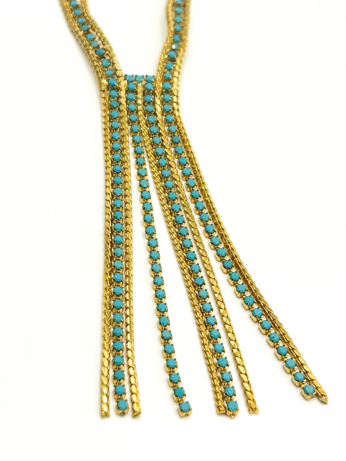 Gold Tone Turquoise Glass Lariat Necklace – Vintage Mesh Tassel Design