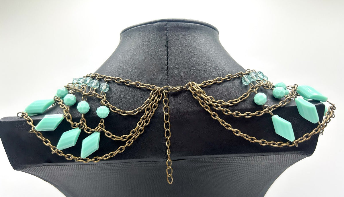 Spearmint 3 Layer Chain-Linked Art Deco inspired Statement Bib Necklace - Blue