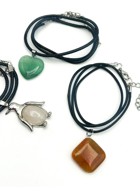 Gemstone Pendant Necklace Bundle – Carnelian, Quartz Penguin, Aventurine Heart