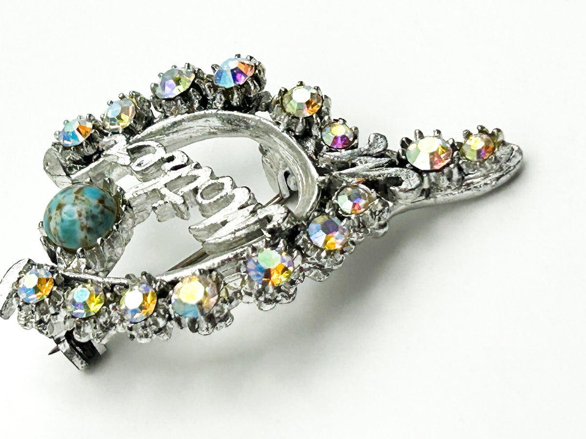 Mother Brooch Aurora Borealis Rhinestone Silver Tone Turquoise Pin