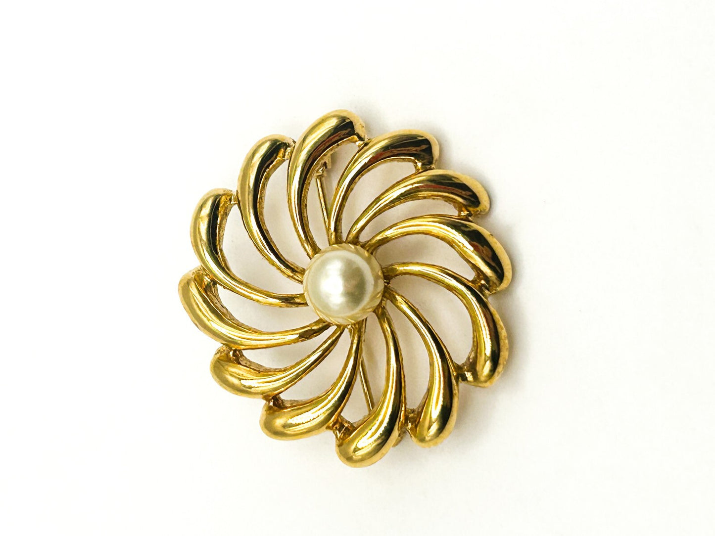 Gold Tone Spiral Flower Brooch with Faux Pearl Centre