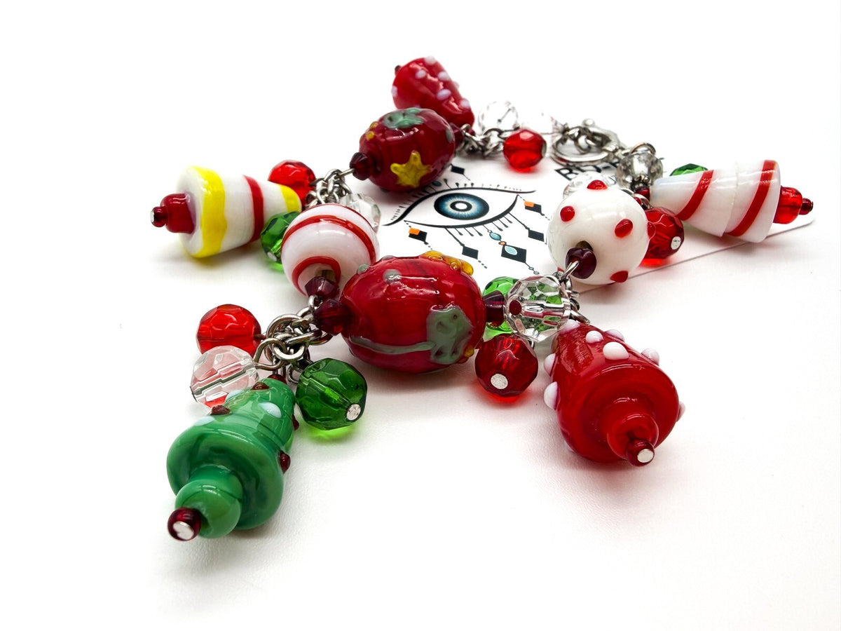 Christmas Charm Bracelet Glass Beads Festive Lampwork Red Green Xmas 8”