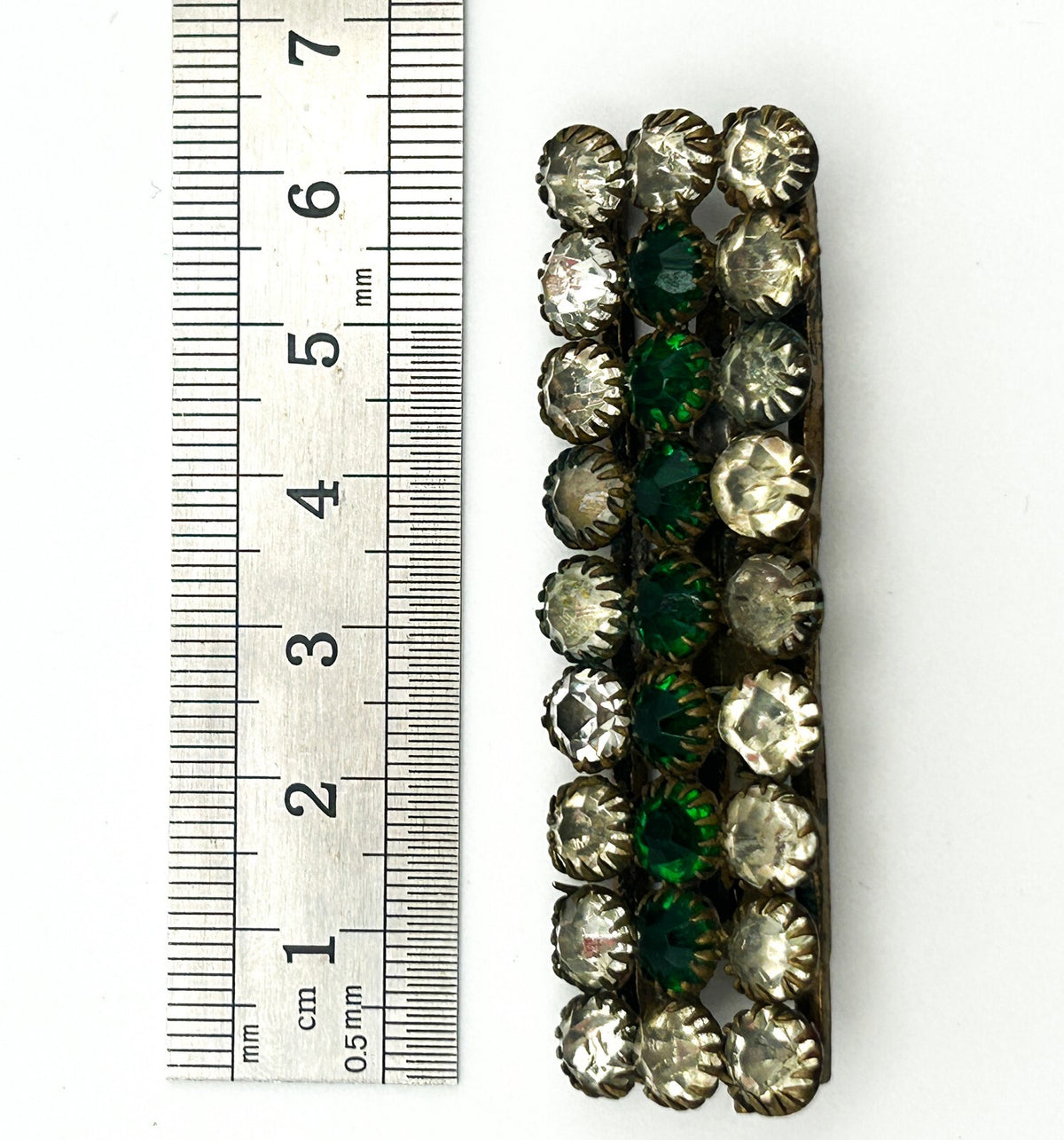 Vintage Green Rhinestone Brooch Bar Pin Clear Glass Art Deco