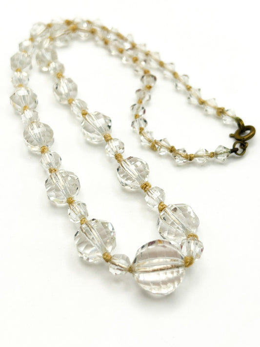 Graduated Clear Crystal Glass Bead Necklace with Faceted Round & Bicone Beads