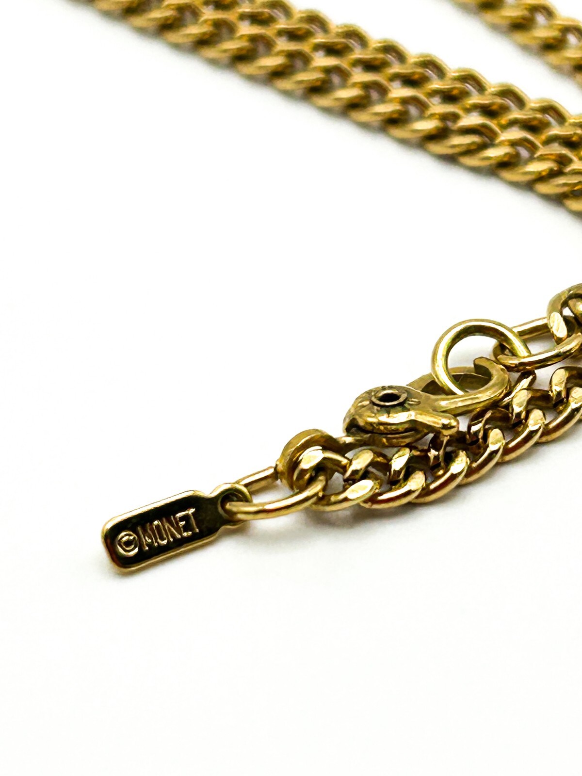 Signed Monet Gold Tone Chain Necklace with Cream Enamel Ribbon Pendant
