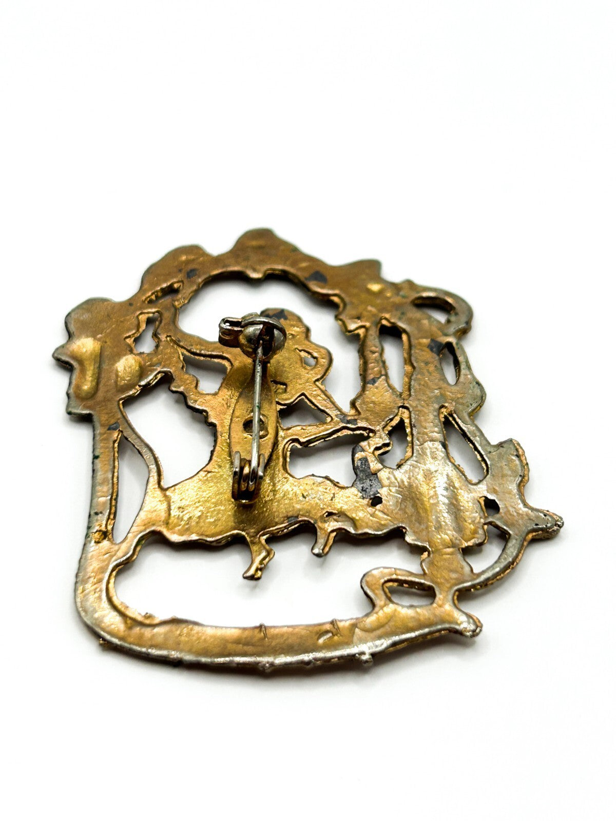 Vintage Art Nouveau Revival Lady Brooch Figural Woman Floral Openwork Gold Tone