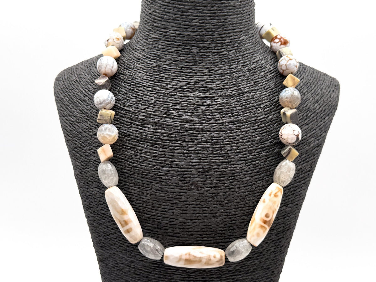 Chunky Gemstone Necklace Agate Jasper Quartz Dzi 9-eye Beads Toggle 22”