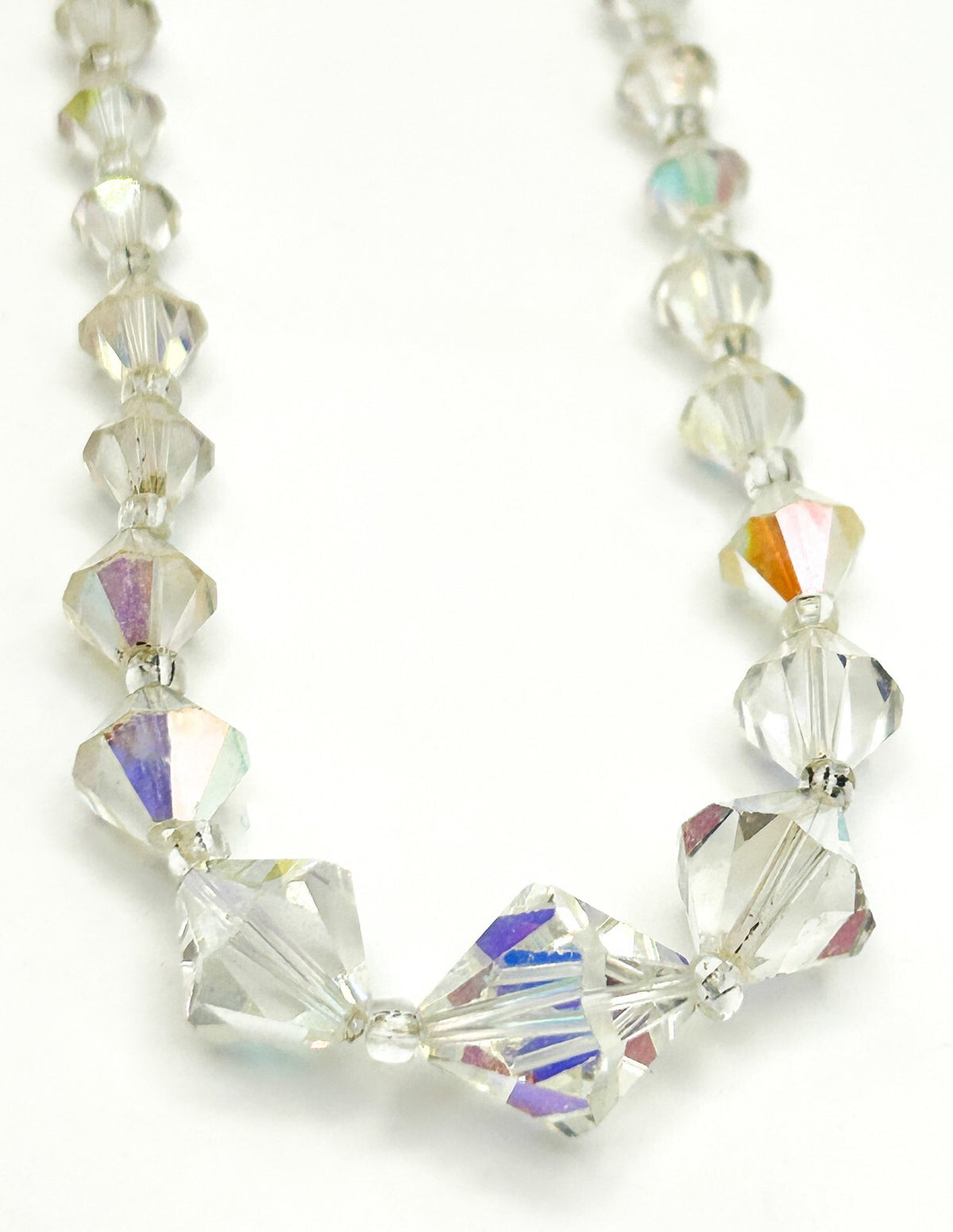 Aurora Borealis Crystal Bicone Necklace with Rhinestone Flower Clasp