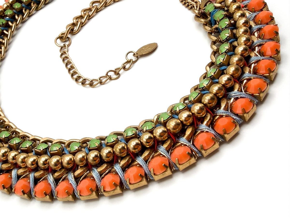 Accessorize Gold Tone Woven Ribbon & Rhinestone Statement Necklace