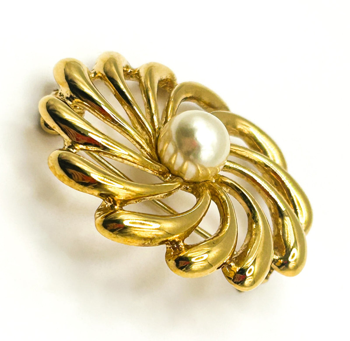 Gold Tone Spiral Flower Brooch with Faux Pearl Centre