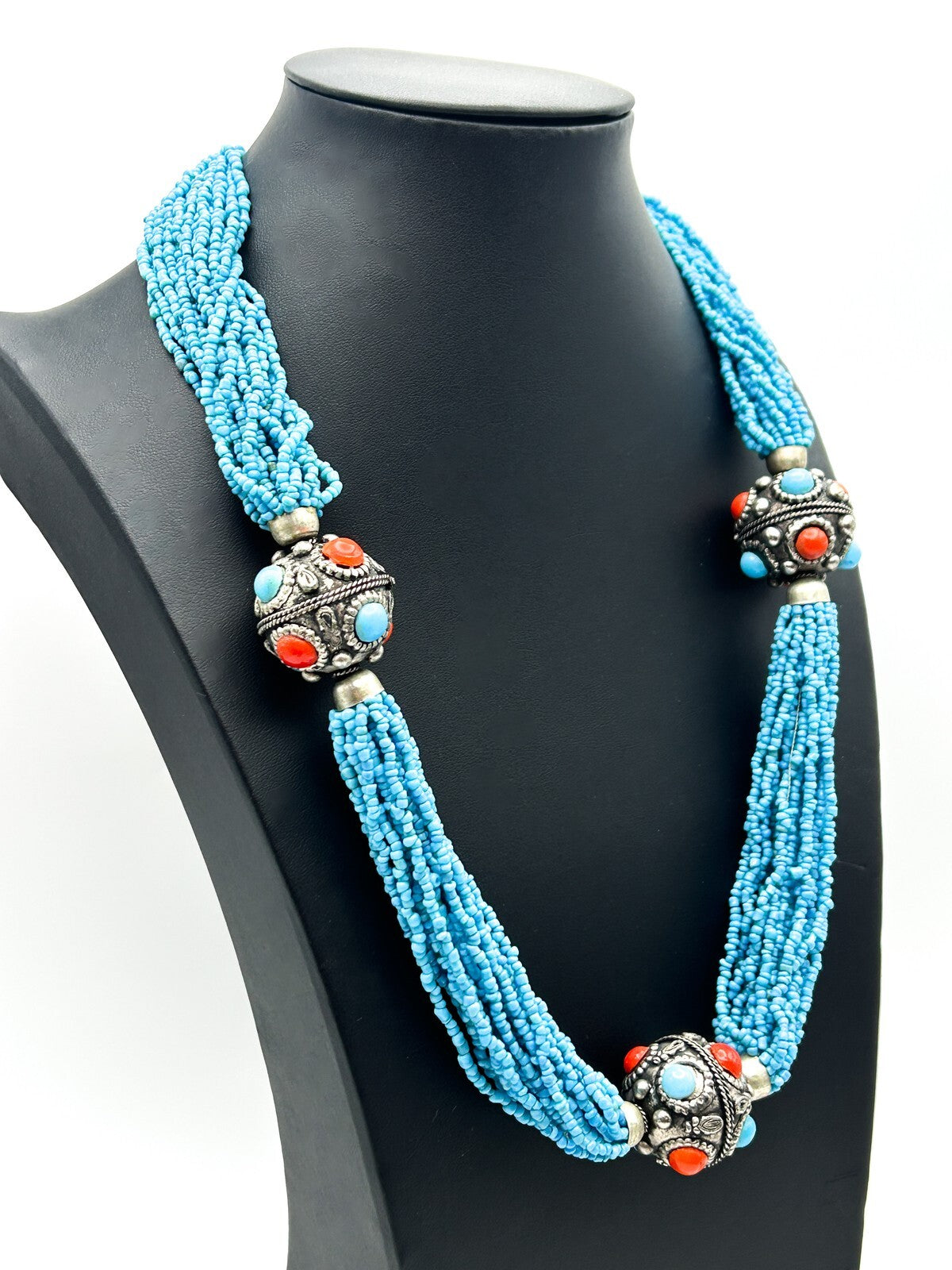 Turquoise Glass Multi Strand Beaded Necklace Statement Silver Tone Red Blue