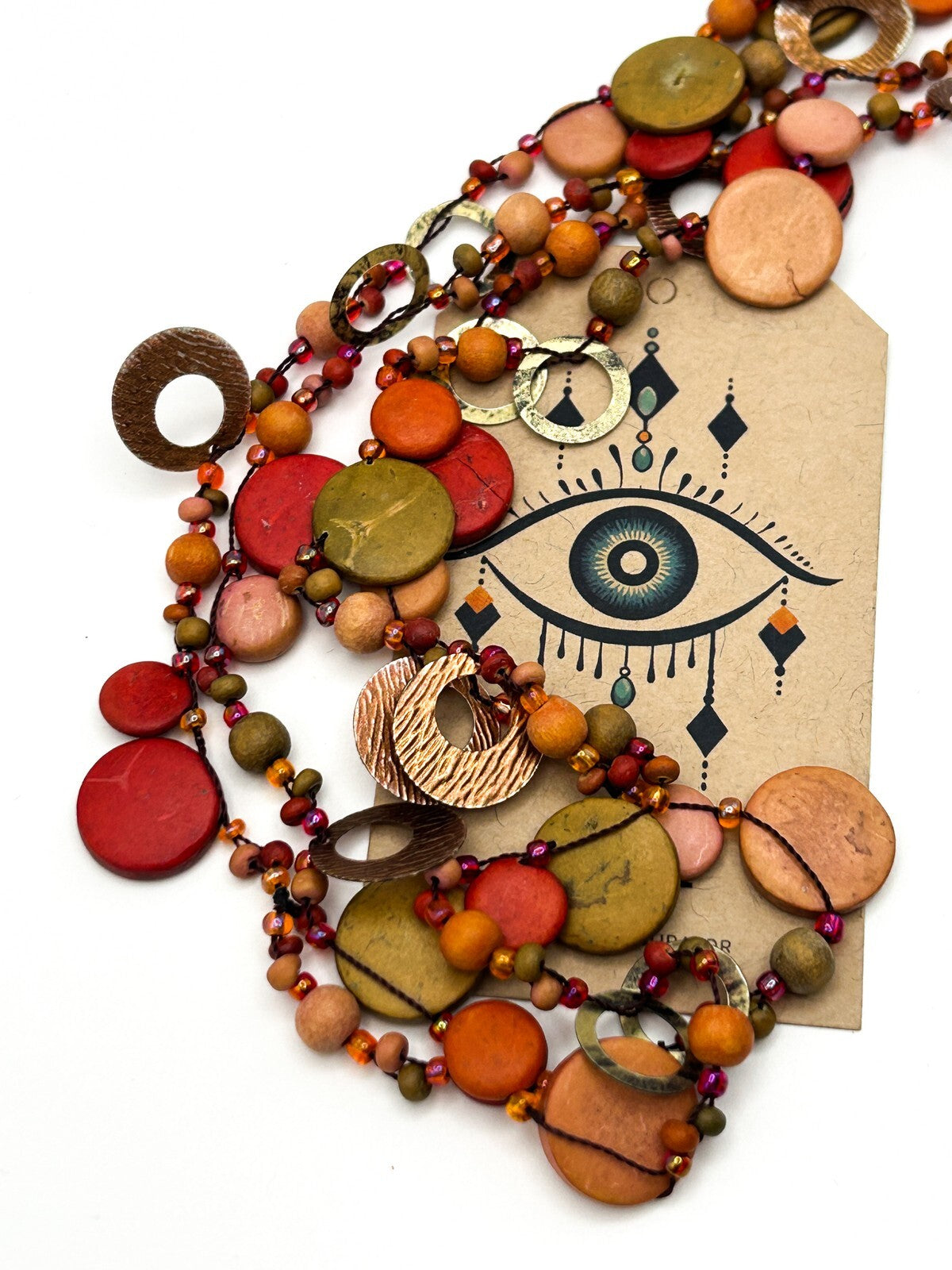 Boho Multi Strand Coconut Shell Necklace Rust Coral Disc Beads Long Statement