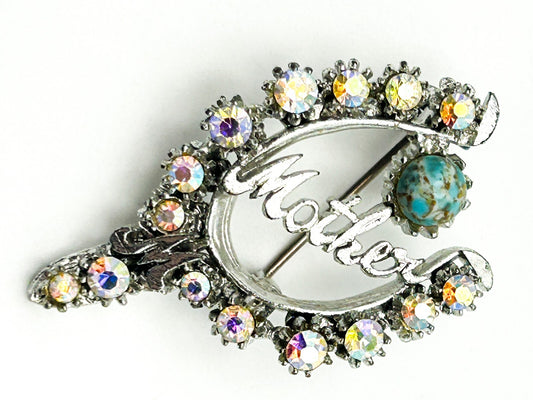 Mother Brooch Aurora Borealis Rhinestone Silver Tone Turquoise Pin
