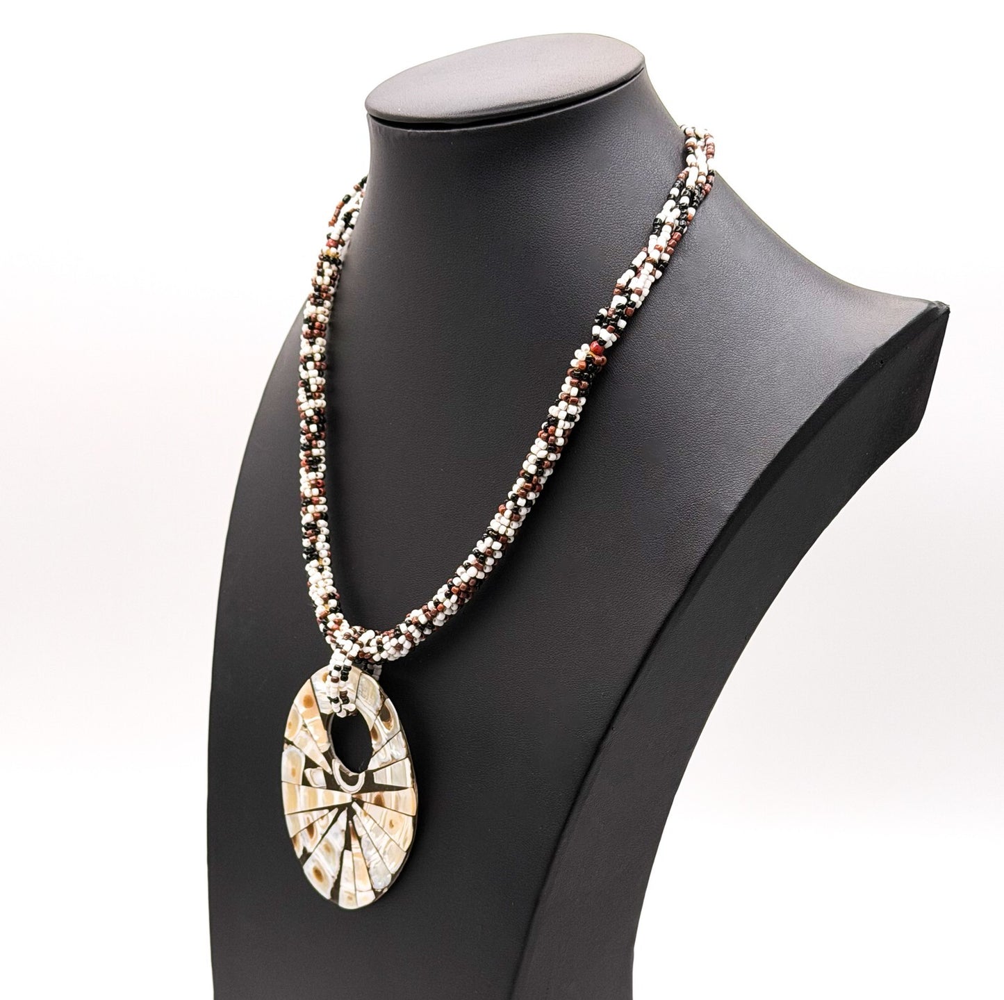 Five Strand Brown, White & Black Seed Bead Necklace with Shell Inlay Donut Penda