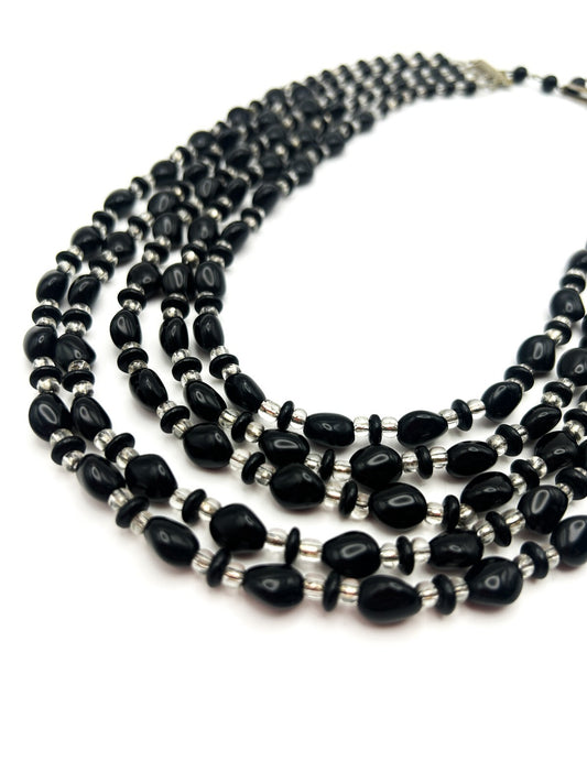 Vintage 5 Strand Black & Clear Glass Beaded Statement Necklace Heavy Layered