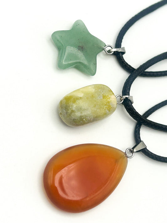 Gemstone Pendant Cord Necklace Bundle – Carnelian, Aventurine Star & Serpentine