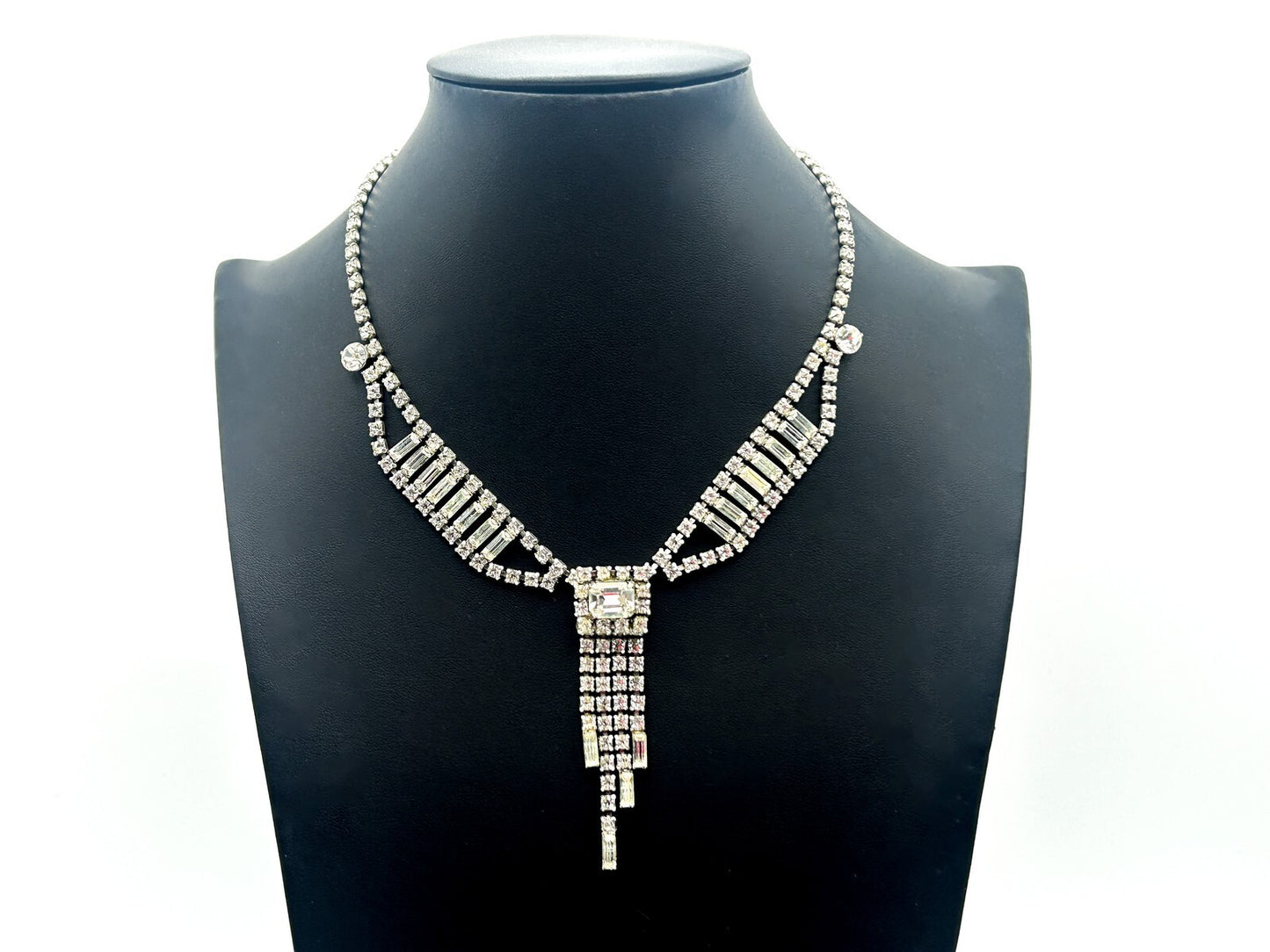 Vintage Rhinestone Waterfall Necklace Baguette Statement Tassel Drop 16”