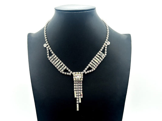 Vintage Rhinestone Waterfall Necklace Baguette Statement Tassel Drop 16”