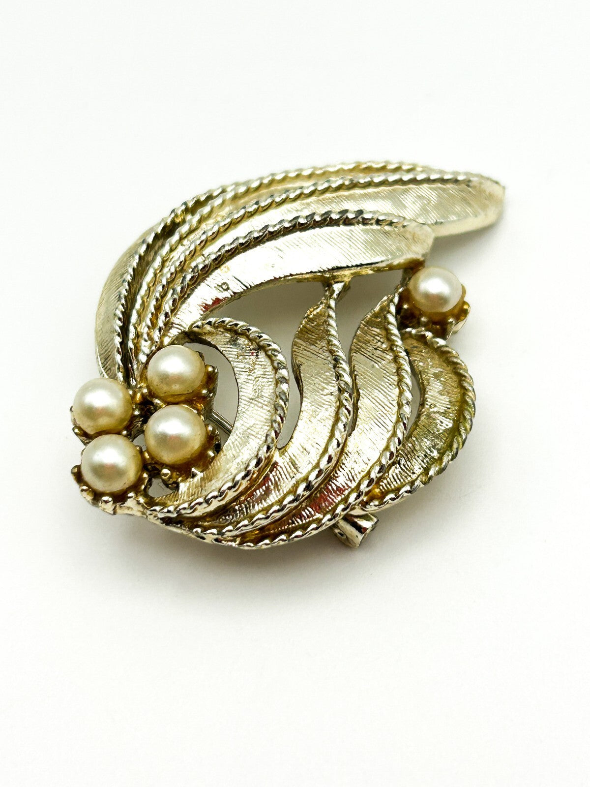 Vintage Gold Tone Faux Pearl Textured Art Nouveau Style Abstract Brooch