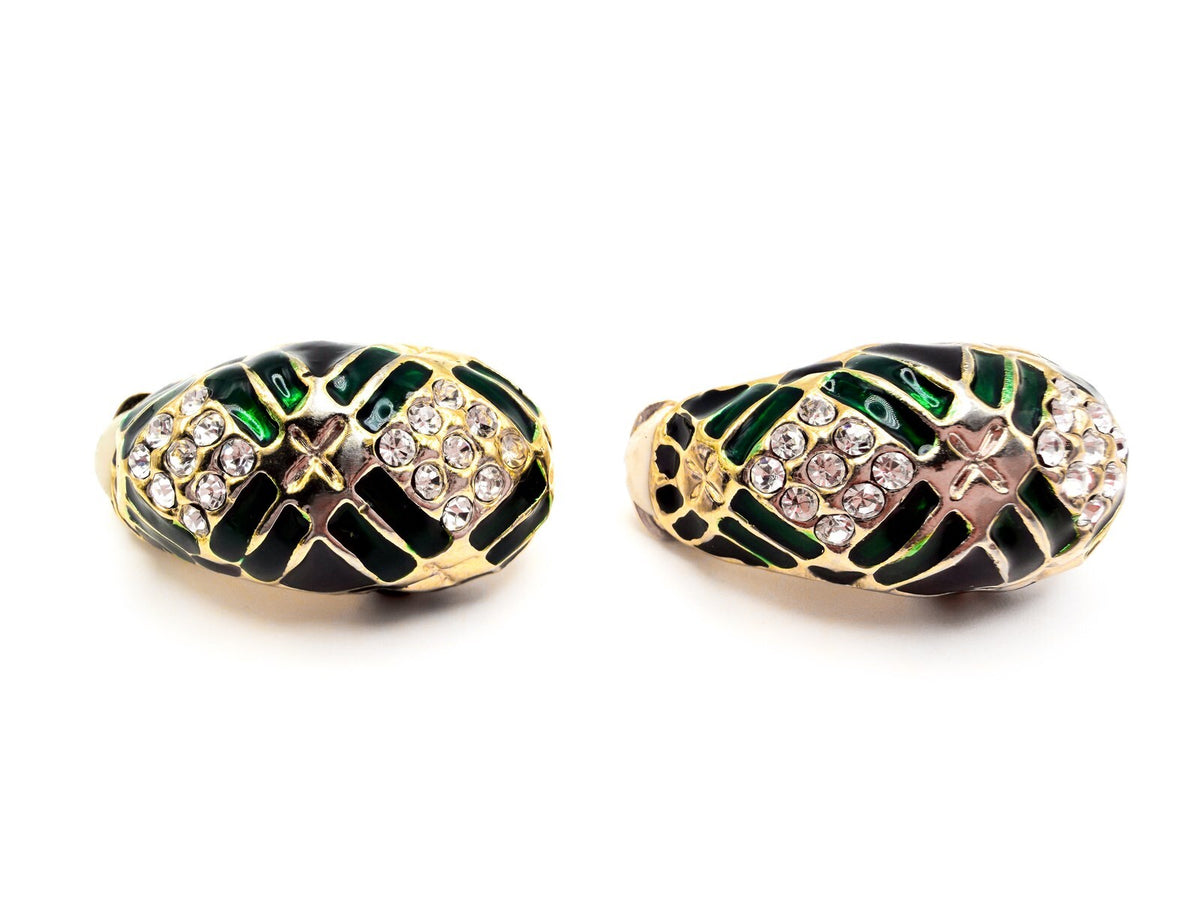 Vintage Gold Tone Green & Black Enamel Rhinestone Half Hoop Clip-On Earrings