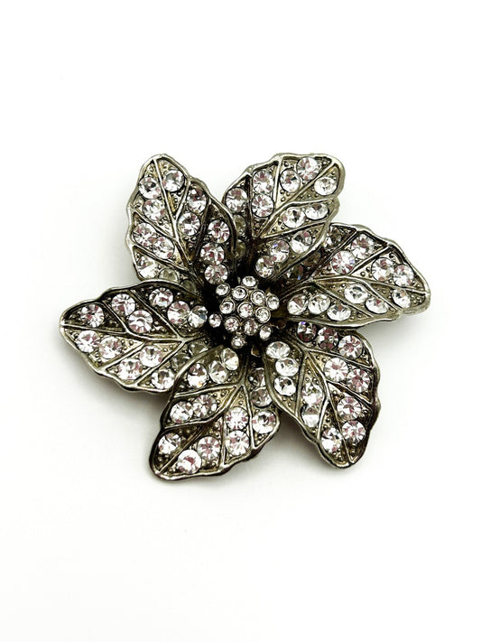 Vintage Brooch Silver Tone Rhinestone Diamanté Flower Statement Brooch 80s