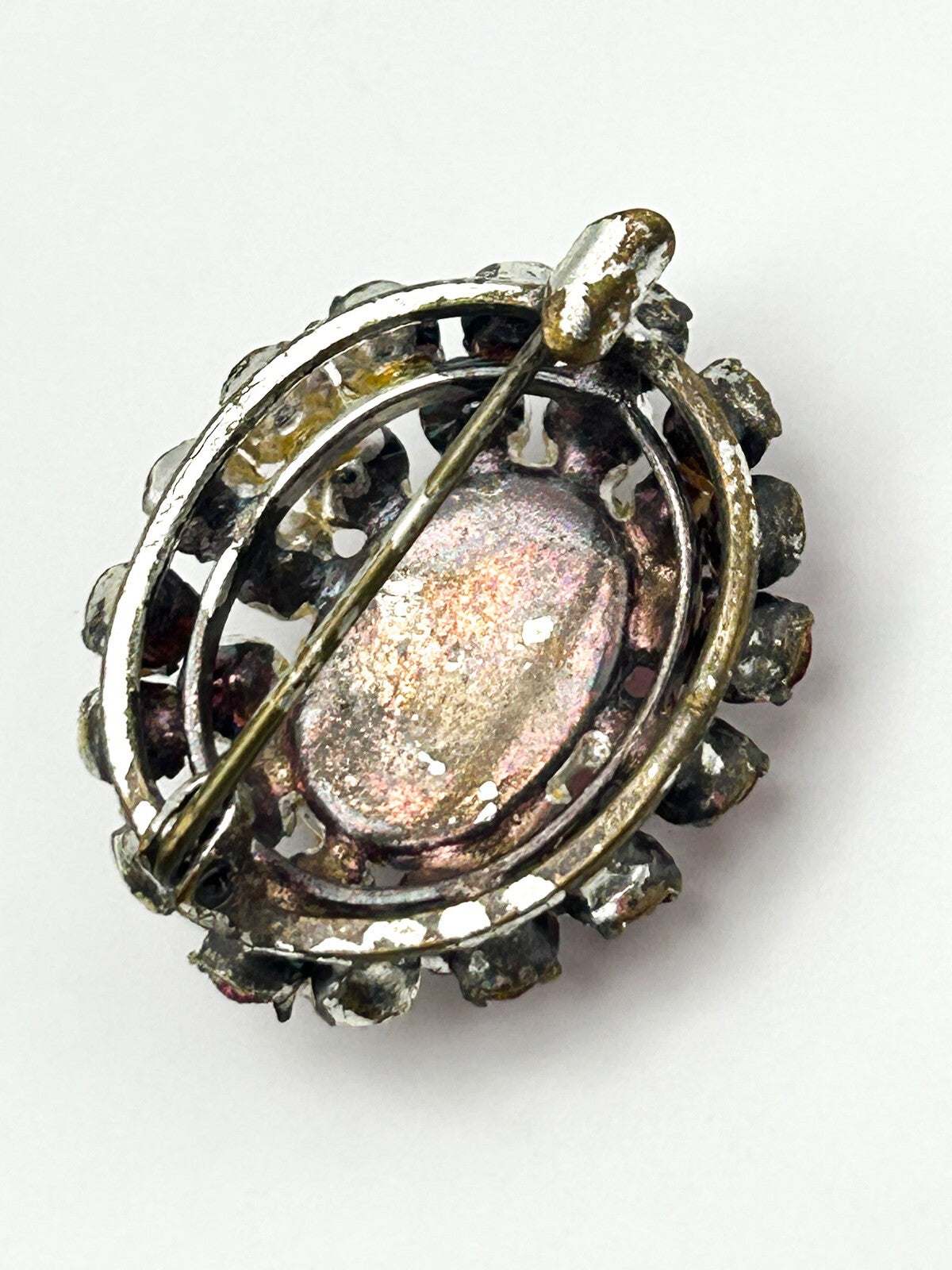 Vintage Pink Moonglow Brooch Rhinestone Halo Lucite Cabochon Pin