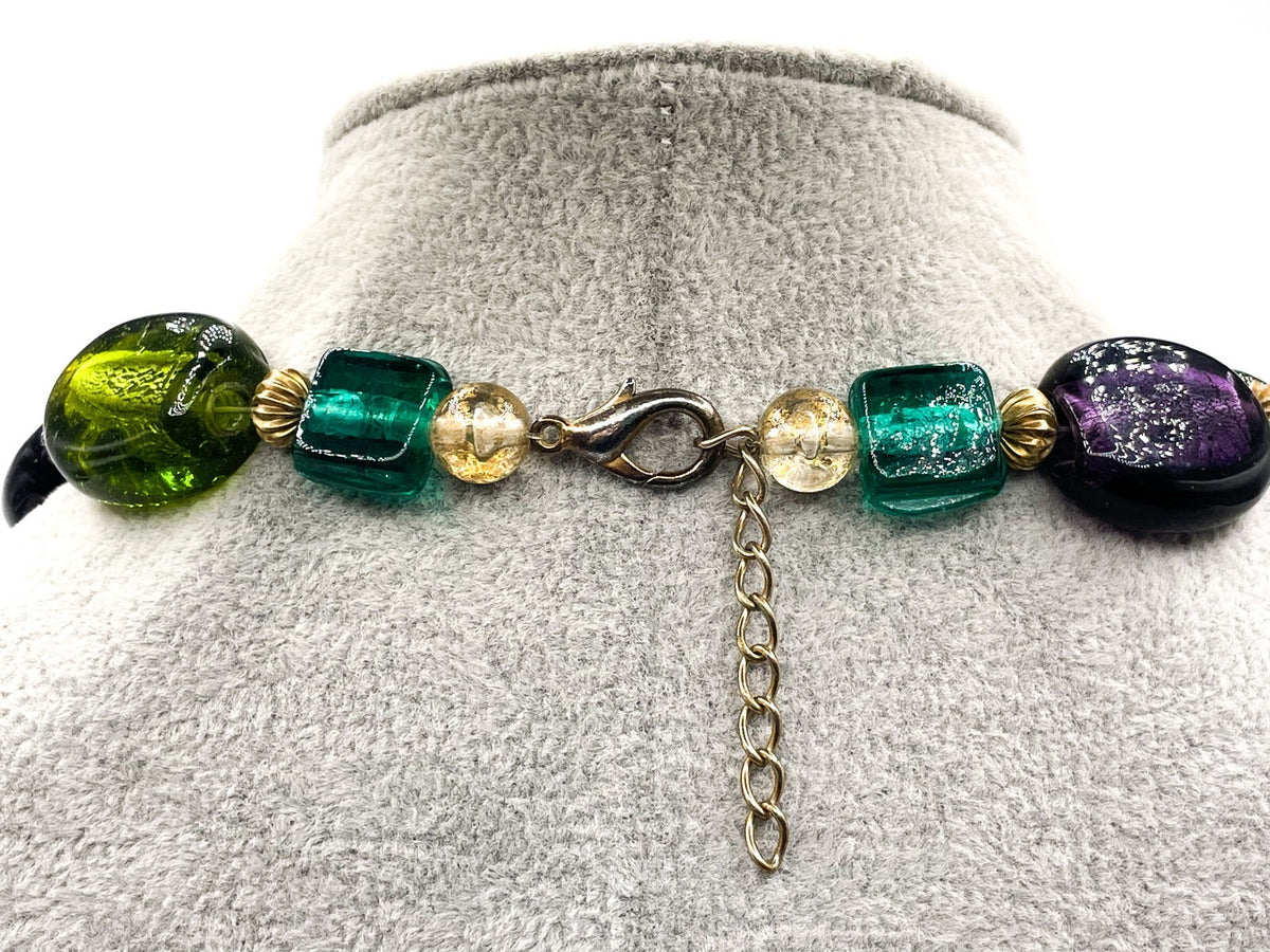 Chunky Dichroic Foil Glass Statement Beaded Necklace Y2K Green Purple Turquoise