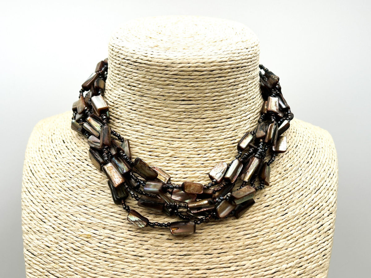 M&S Layered Shell Nugget Necklace Gunmetal Seed Bead Statement Boho Beach