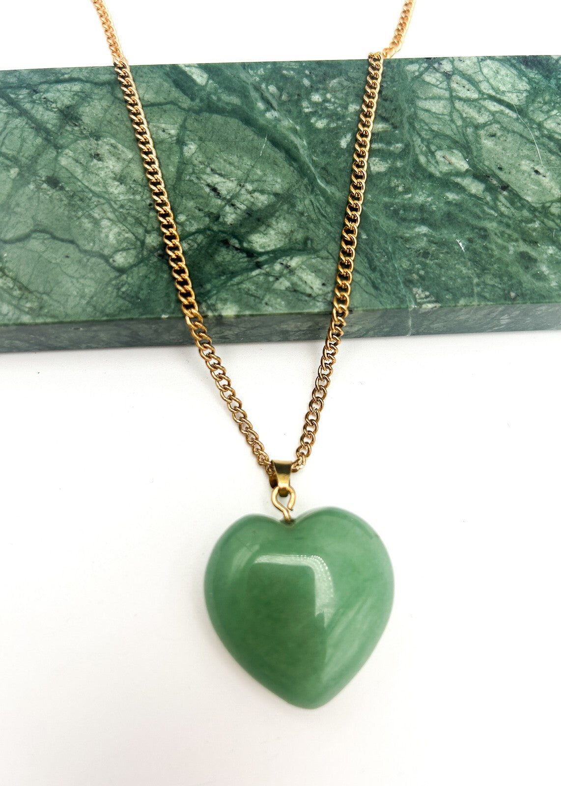 Jade Heart Pendant Gold Tone Necklace Semi Precious Gemstone 20"