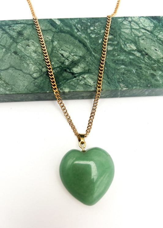 Jade Heart Pendant Gold Tone Necklace Semi Precious Gemstone 20"