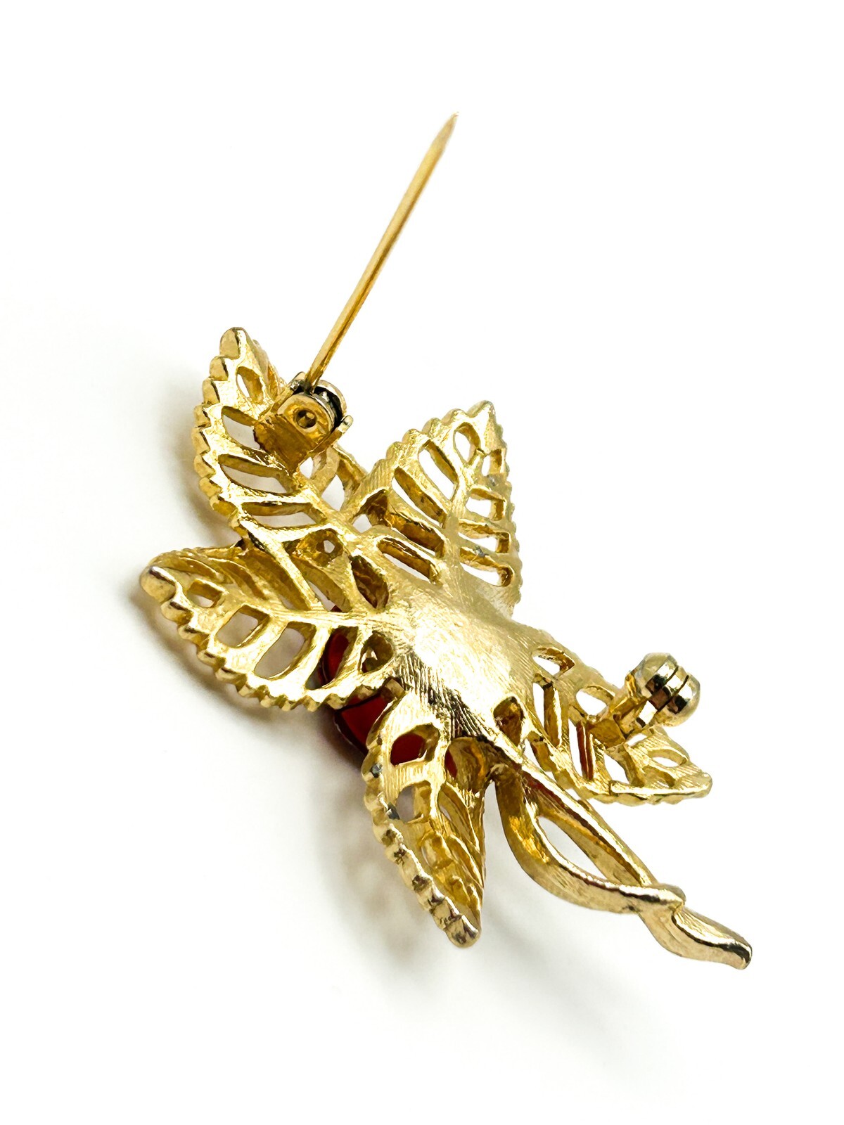 Gold Tone Red Enamel Rose Brooch with Openwork Leaf Design