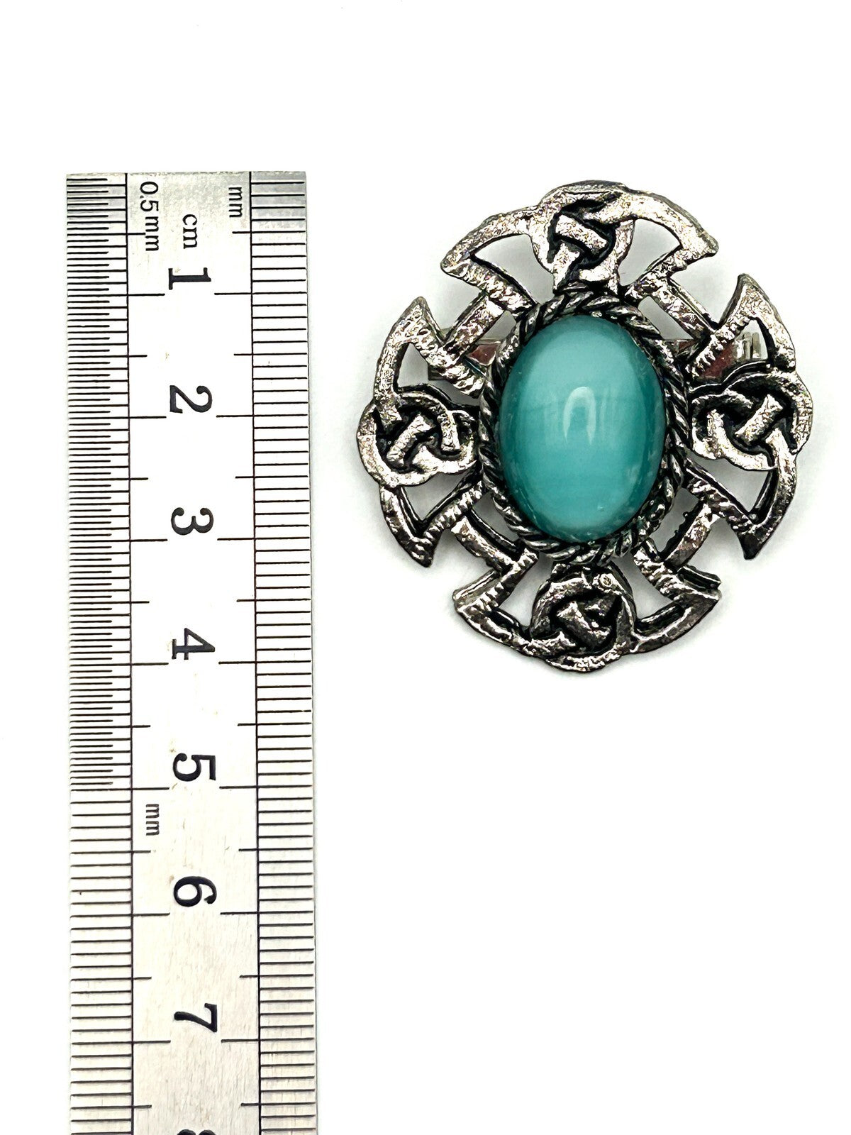 Celtic Knot Brooch Pewter Turquoise Style Cabochon Cross Pin