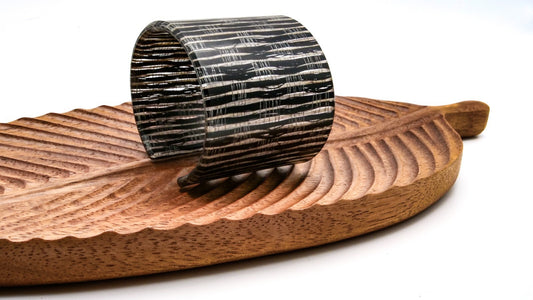 Wide Black & Silver Striped Acrylic Cuff Bangle Textured Fabric-effect