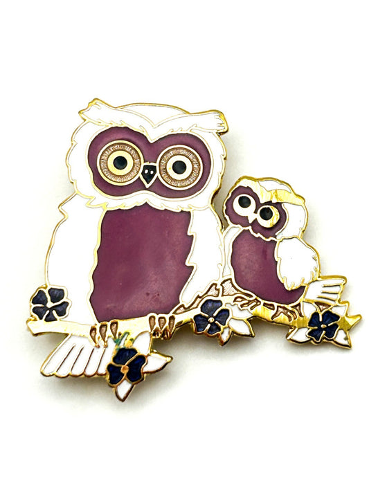 Vintage Fish & Crown Cloisonné Gold tone Enamel Double Owl Brooch