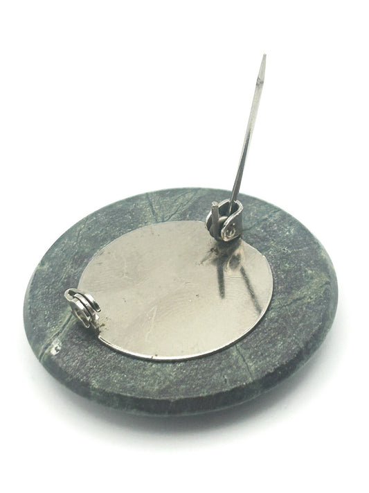 Vintage Semi-Precious Moss Agate Brooch - Circular and Domed Gemstone