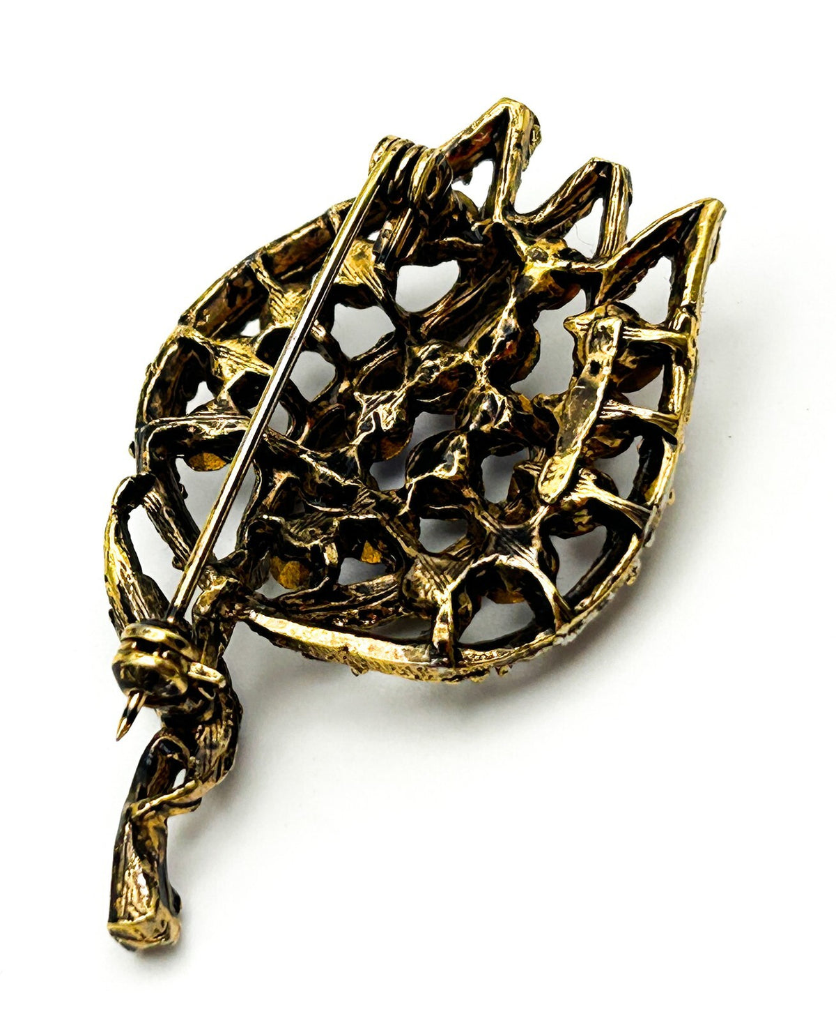Gold Tone Openwork Tulip Brooch with Multicolour Rhinestones