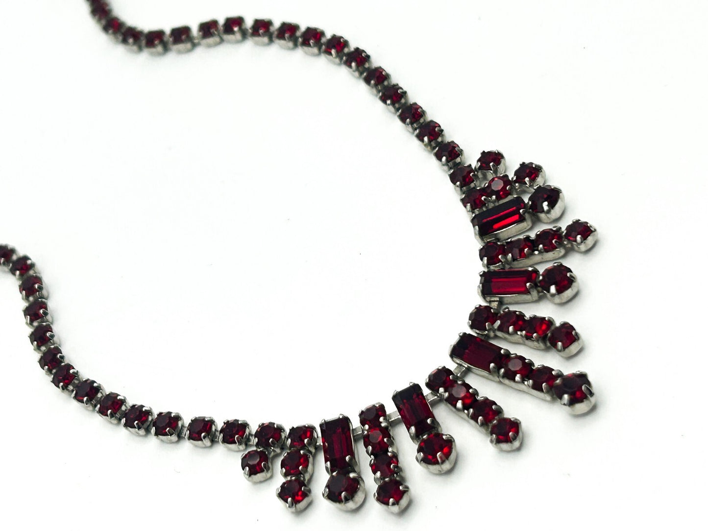 Vintage Red Rhinestone Fringe Statement Necklace Baguette Drop 14.5”
