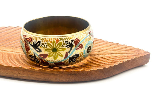 Vintage Brass Bangle Blue Red Painted Floral Statement Bracelet Gold tone Retro